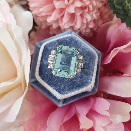Art Deco 13.50ct Aquamarine and Diamond Cocktail Ring
