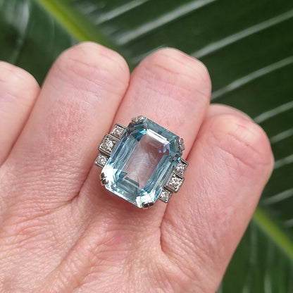 Art Deco 13.50ct Emerald Cut Aquamarine and Diamond Cocktail Ring