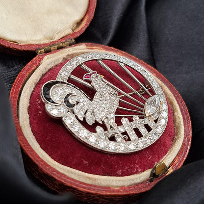 Antique 2.26ct Marquise Cut Eight Cut Single Cut Diamond Cockerel Circular Openwork Brooch in Platinum, 2.26 carats