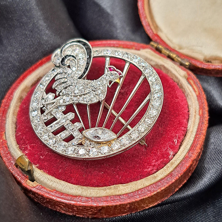 Antique 2.26ct Marquise Cut Eight Cut Single Cut Diamond Cockerel Circular Openwork Brooch in Platinum, 2.26 carats