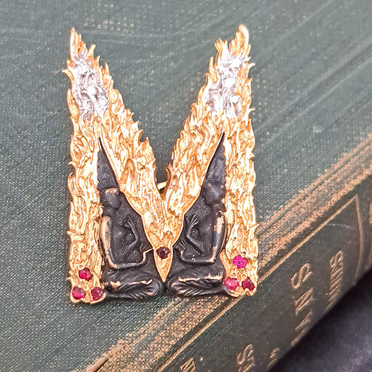 Vintage 14ct Yellow Gold and Black Enamel Ancient Tribe Figures M Pendant come Brooch with Gold Flame Fire