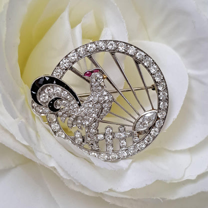 Antique Diamond Cockerel Circular Openwork Brooch in Platinum, 2.26 carat total, marquise eight cut single cut diamonds