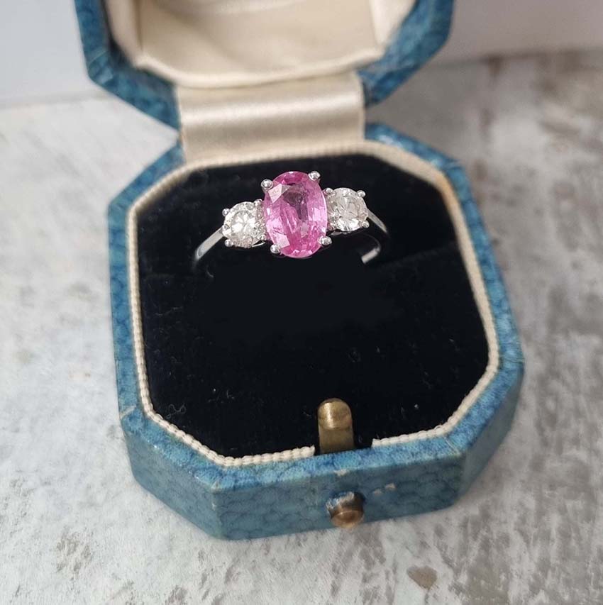 1.41ct Oval Pink Sapphire and Diamond Three Stone Engagement Ring