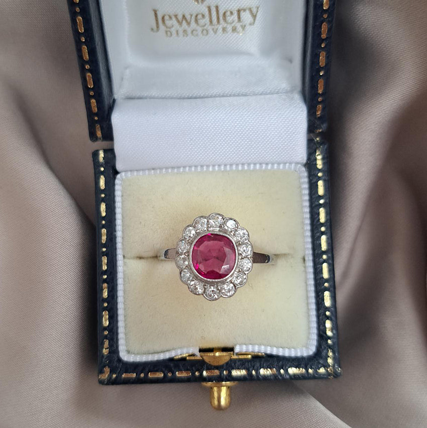 1ct Burmese Ruby and Diamond Daisy Flower Cluster Engagement Ring