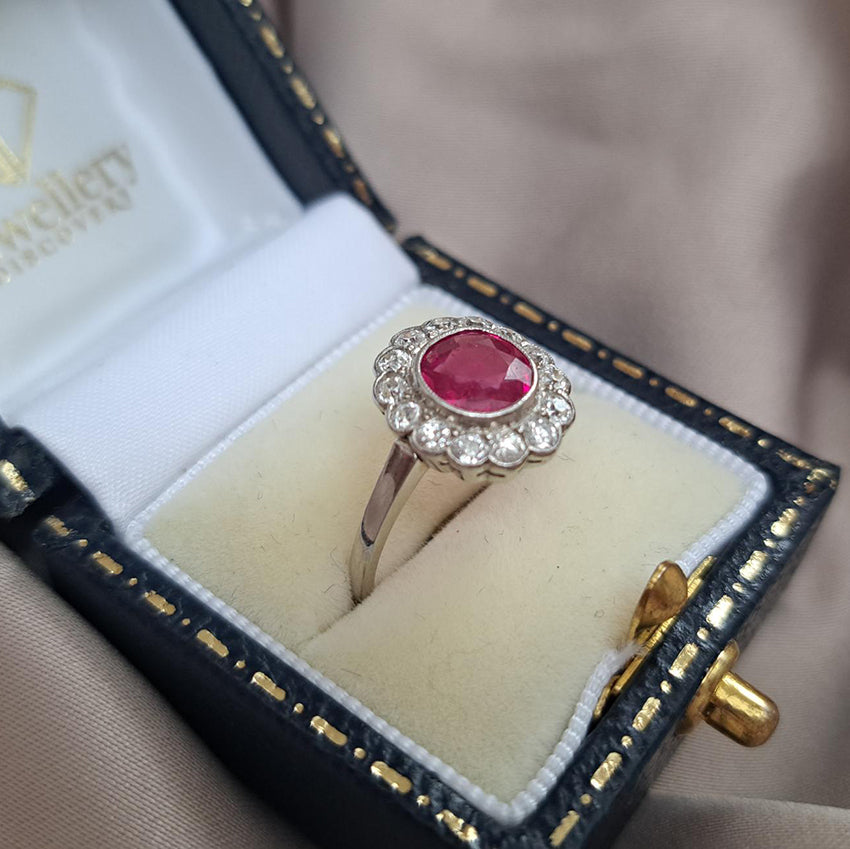 1ct Burma Ruby and Diamond Daisy Flower Cluster Engagement Ring