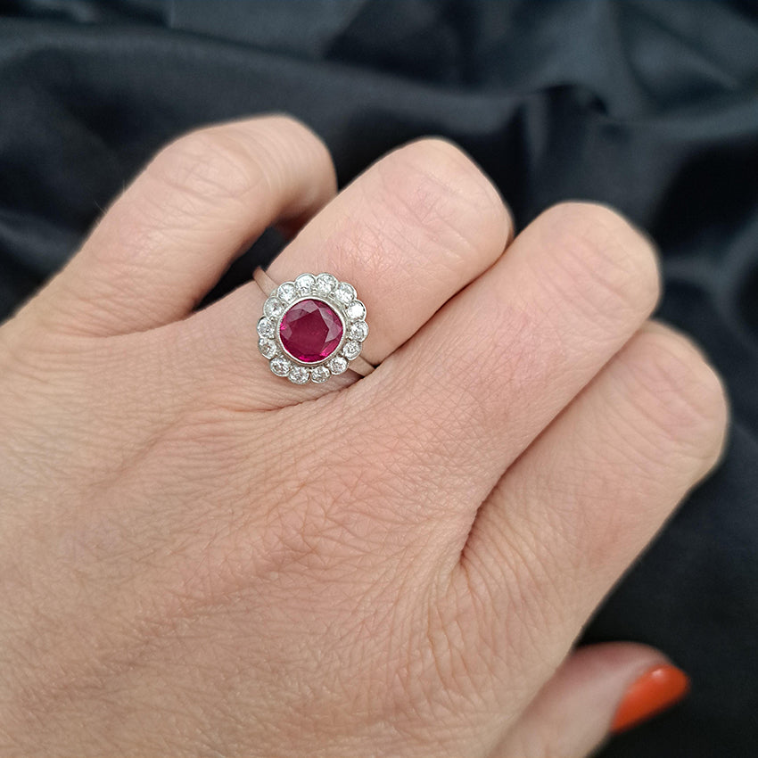 1ct Burma Ruby and Diamond Daisy Flower Cluster Engagement Ring