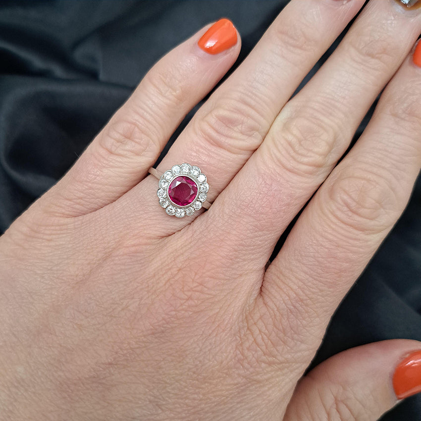 1ct Burma Ruby and Diamond Floral Cluster Engagement Ring