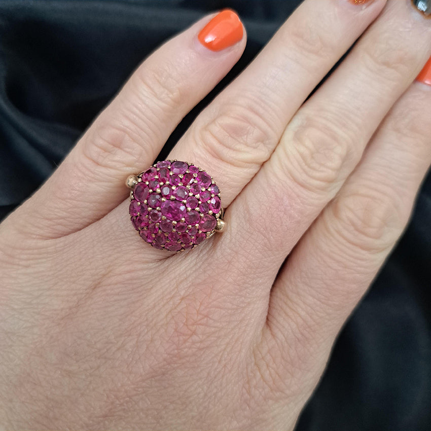 Vintage 4ct Old Cut Burma Ruby Cluster Bombe Cocktail Ring