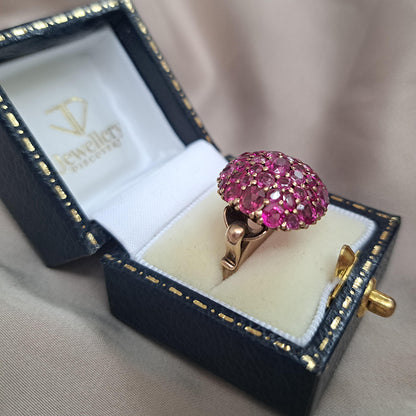Vintage 4ct Old Cut Burma Ruby Cluster Bombe Cocktail Ring