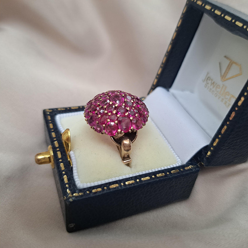 Vintage 4ct Old Cut Burma Ruby Cluster Bombe Cocktail Ring