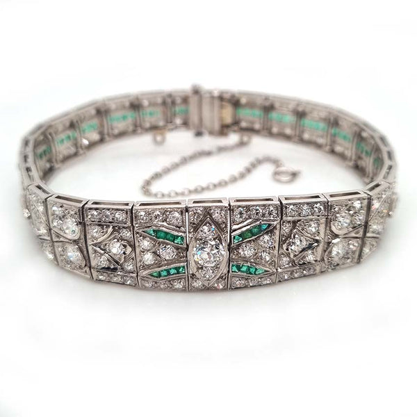 Art Deco 5ct Old Cut Diamond and Emerald Bracelet in Platinum, 5cts of old European transitional-cut diamonds accented with fine baguette-cut and French-cut emeralds