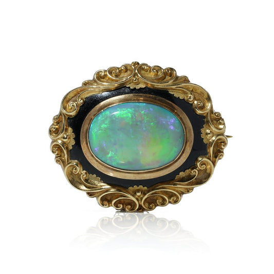 Victorian Opal And Black Enamel Brooch in 9 Carat Yellow Gold