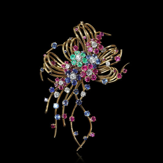 Vintage 18 Carat Yellow Gold Multi-Gemstone Brooch