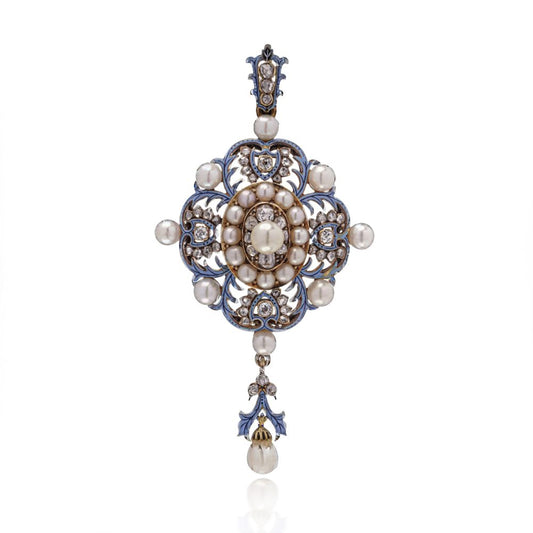 Renaissance Revival 18 Carat Gold Pendant With Enamel, Pearls And Old Cut Diamonds