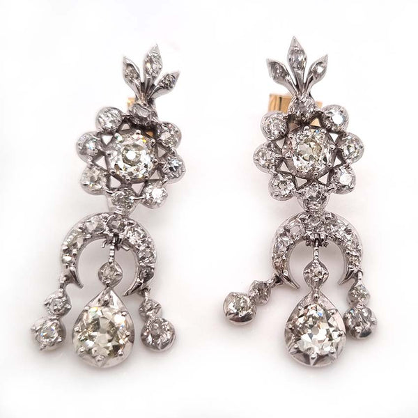 Georgian Antique Old Cut Diamond Girandole Chandelier Drop Earrings, charming chunky old mine cut diamonds in pineapple design cluster top suspending crescent moon with articulated tassel drops in silver upon gold. Circa 1830