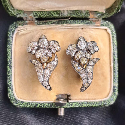 Antique Victorian Diamond 2.20 Carats Iris Flower Earrings Mounted in Silver on Gold