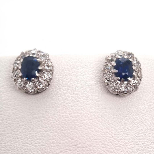 Vintage 1ct Sapphire and 0.60ct Old Cut Diamond Cluster Stud Earrings in 18ct white gold. Circa 1940s