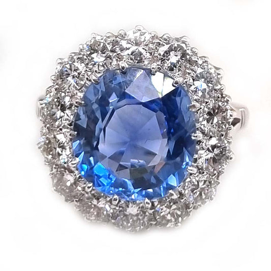 Vintage Natural Cornflower Ceylon Sapphire and Diamond Cluster Ring, large oval Ceylon sapphire in mesmerising cornflower blue colour surrounded by sparkling diamonds