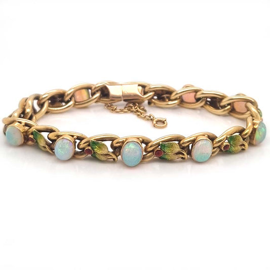 Antique Art Nouveau Opal Enamel and Gold Link Bracelet