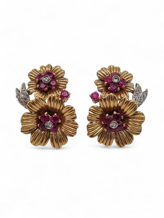 Ruby and Diamond Floral Clip-On Earrings in 18ct Gold