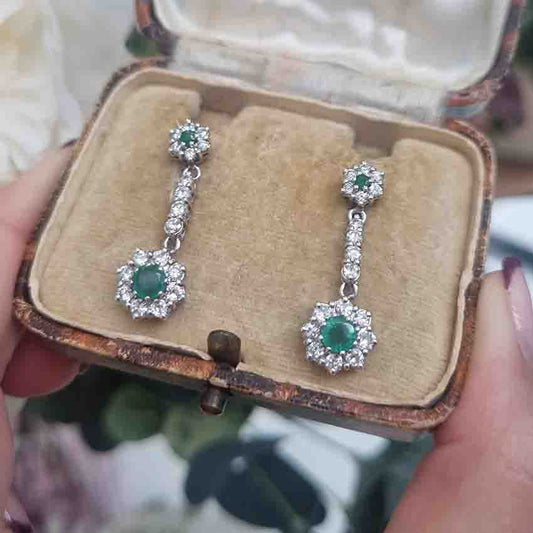 Vintage Emerald and Diamond Cluster Drop Earrings