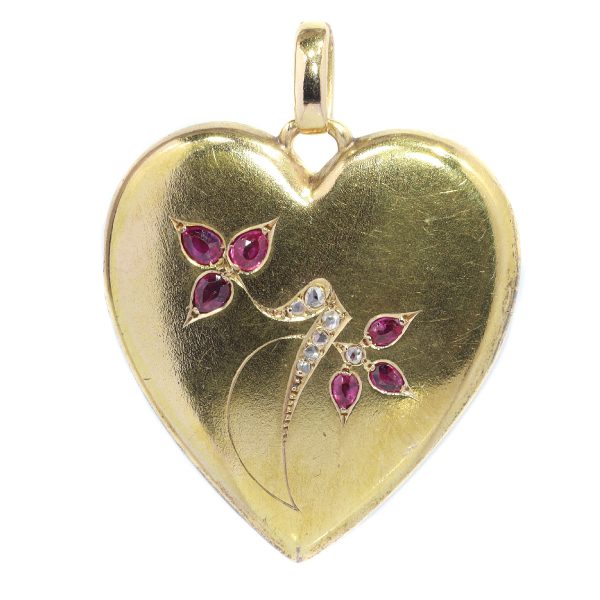 Victorian gold heart shaped locket set with diamonds and rubies