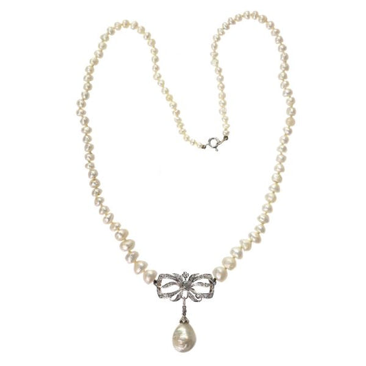 Vintage Swedish Diamond and Natural Pearl Necklace