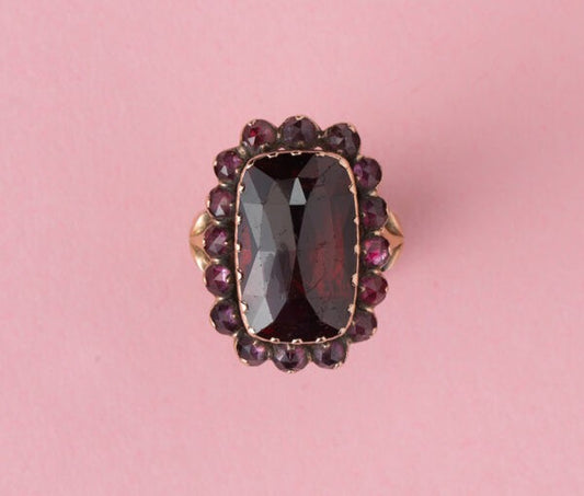 Antique Georgian Garnet Rectangular Cluster Ring; set with rose cut garnets in 18ct yellow gold, marked with the tête de coq, Perpignan, France, Circa 1820