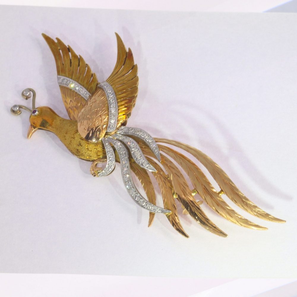 Vintage Tri Colour 18ct Gold Bird of Paradise Brooch with 0.80cts Diamonds and Ruby Eye