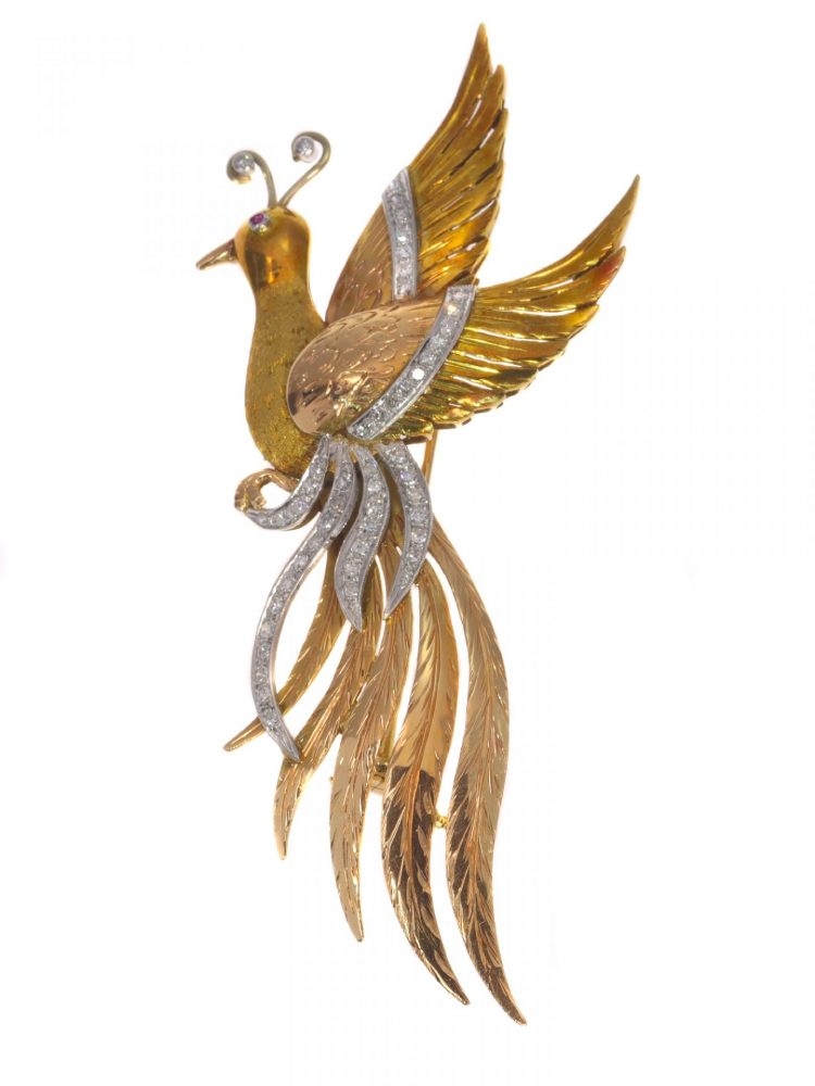 Vintage Tri Colour 18ct Gold Bird of Paradise Brooch with Diamonds, Circa 1950