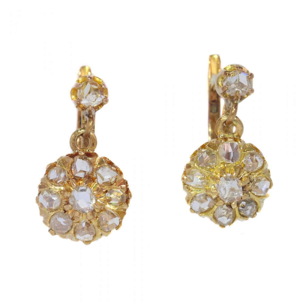 Antique Victorian Rose Cut Diamond Cluster Drop Earrings; crafted from 18ct gold and set with twenty rose-cut diamonds, Circa 1900