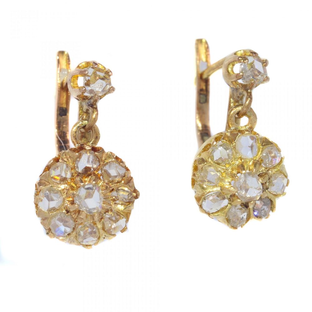 Antique Victorian Rose Cut Diamond Cluster Drop Earrings