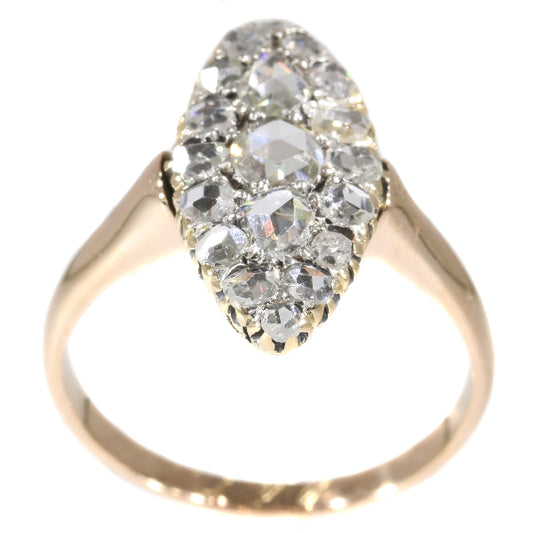Antique Victorian Rose Cut Diamond Cluster Navette Ring, set with nineteen rose cut diamonds in 18ct rose gold, Late 19th century Circa 1880