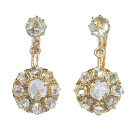 Antique Victorian Rose Cut Diamond Cluster Drop Earrings in 18ct rose gold