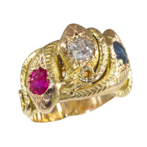 Antique Victorian Ruby Sapphire Diamond Triple Snake Ring