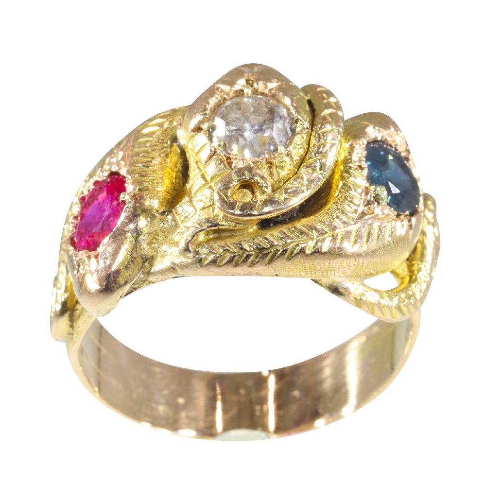 Antique Victorian Ruby Sapphire Diamond Triple Snake Ring