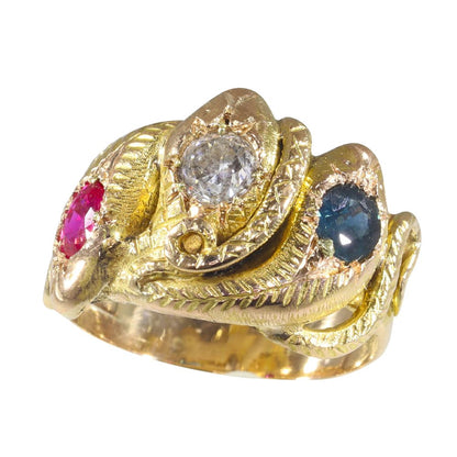 Antique Victorian Ruby Sapphire Diamond Triple Snake Ring