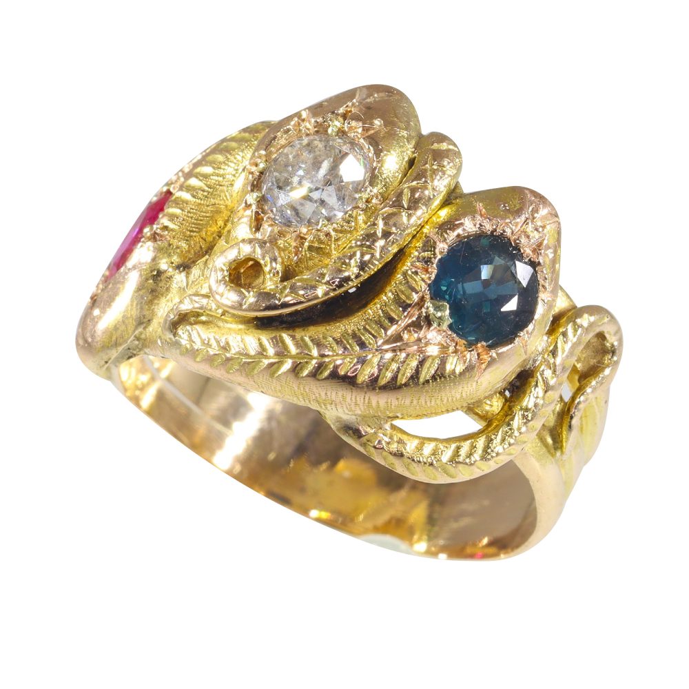 Antique Victorian Ruby Sapphire Diamond Triple Snake Ring