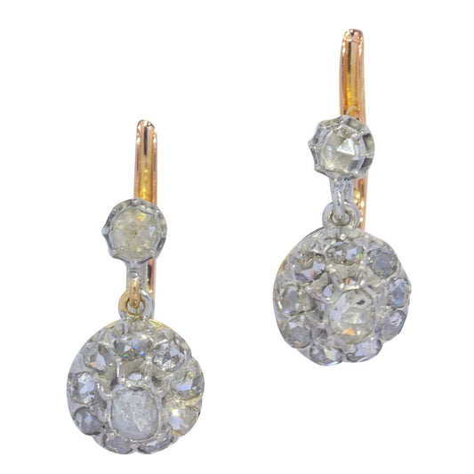 Antique Rose Cut Diamond Cluster Drop Earrings, rose cut diamond cluster pendant drops suspended from single stone rose-cut diamond solitaire tops in silver to 18ct gold