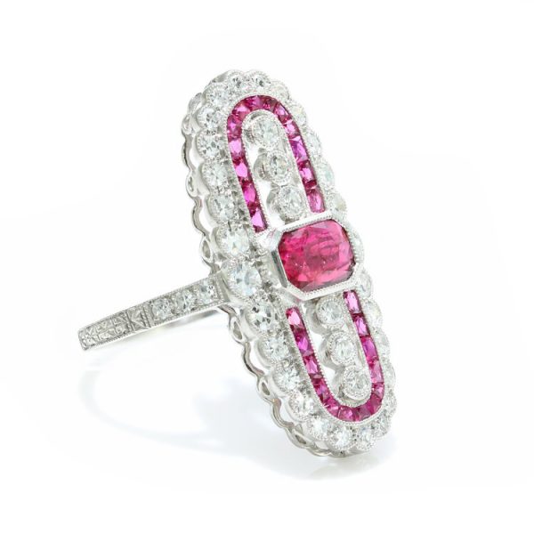 Vintage Art Deco Style Ruby and Diamond Cluster Plaque Ring in Platinum, Circa 1980s