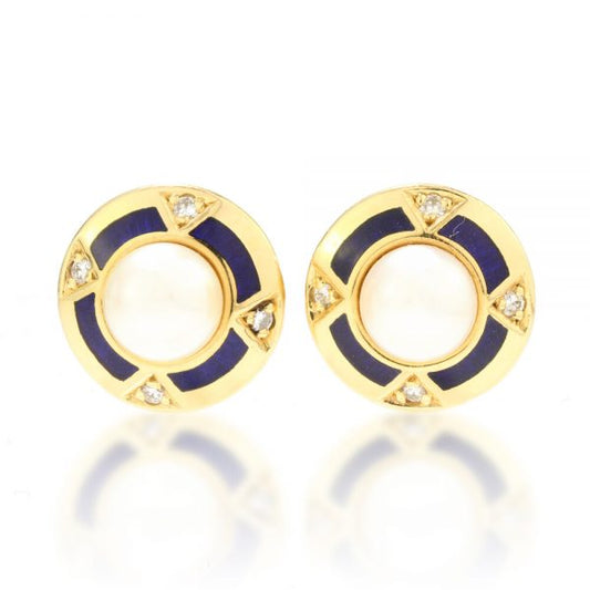 Faberge Limited Edition Pearl, Blue Enamel and Diamond Stud Earrings in 18ct yellow gold, Limited Edition Number 30/300. Circa 1990s / early 2000s