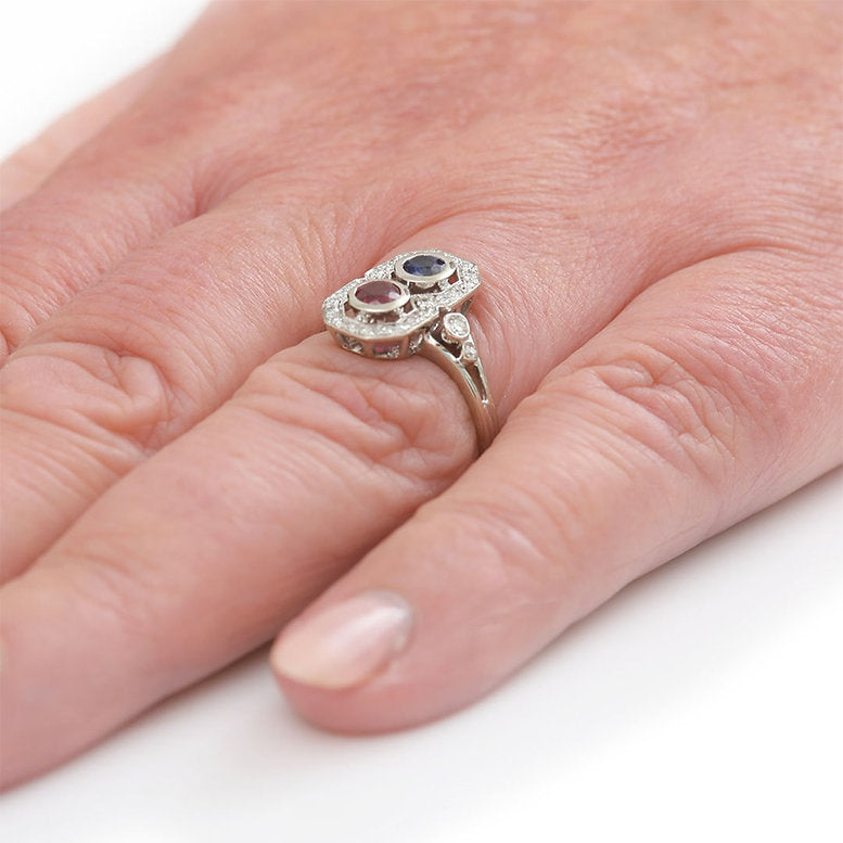 Vintage Boodles Sapphire Ruby Diamond Two Stone Plaque Ring