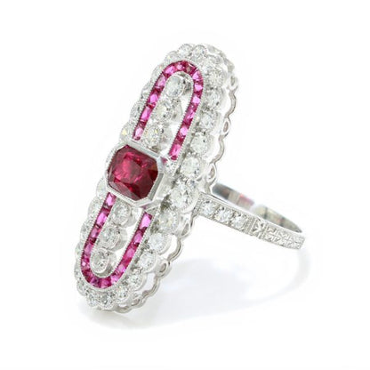 Vintage Art Deco Style Ruby and Diamond Cluster Plaque Ring