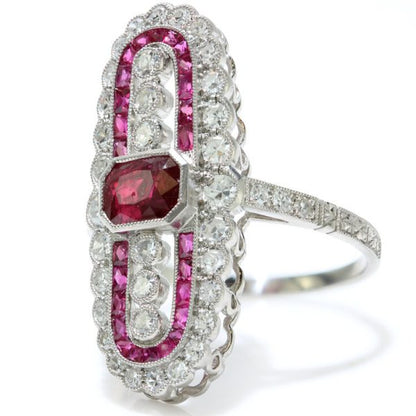 Vintage Art Deco Style Ruby and Diamond Cluster Plaque Ring in Platinum, Circa 1980s