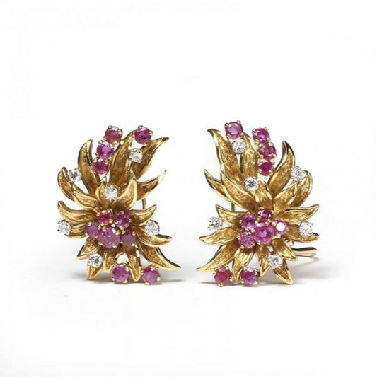 Vintage Ruby, Diamond and 18ct Yellow Gold Floral Earrings; designed as gold petals set with 3.50cts round-cut rubies and 0.75cts round brilliant-cut diamonds, Circa 1960