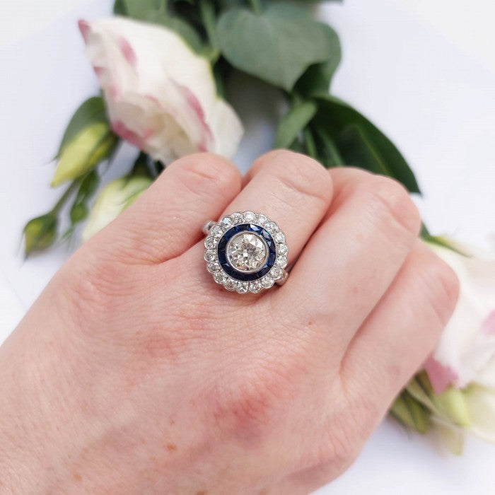 Art Deco Style 1.40ct Old Cut Diamond and Calibre Sapphire Target Cluster Ring in Platinum