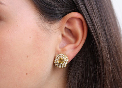 Vintage John Van de Vet / Steltman 1.8ct Emerald-Cut Yellow Sapphire and 1.23ct Diamond Cluster Earrings, 18ct yellow gold, Signed: Steltman, Netherlands