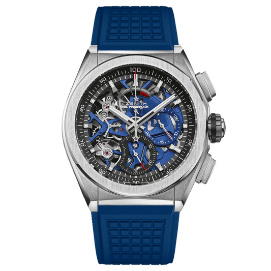 Zenith Defy El Primero 21 Titanium Chronograph Watch, 44mm titanium case with blue display movement and blue textured rubber strap, Model 95.9002.9004/78.R590, Brand New with box, papers and two year manufacturer warranty