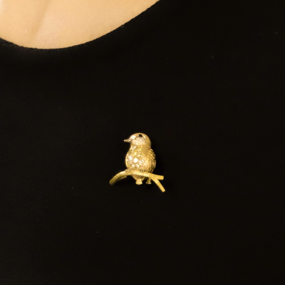 Yellow and White Diamond Bird Pin Brooch in 18ct Yellow and Rose Gold