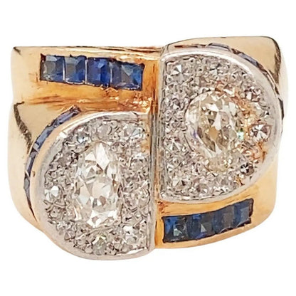 Vintage French 1940s Retro 2.5ct Diamond and Sapphire Toi et Moi Dress Ring